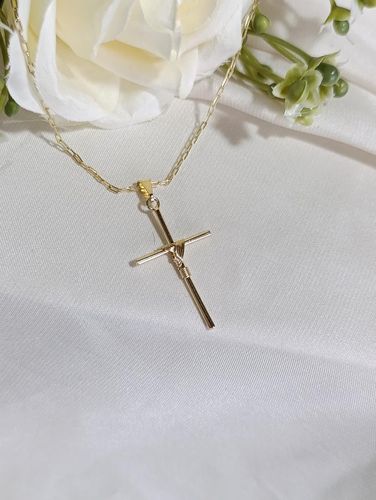 Colar ouro corrente cadeado cruz masc.