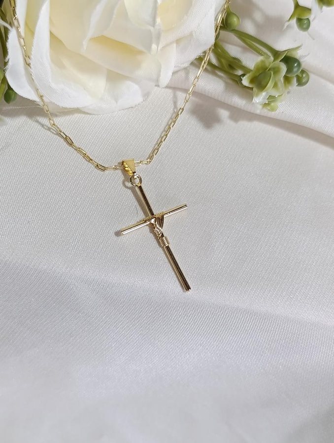 Colar ouro corrente cadeado cruz masc.