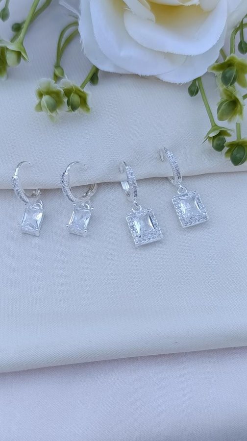 Brinco prata argolinh retangul cristal