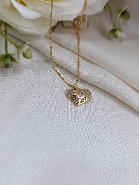 Colar ouro ping. coração cravej. detalhe