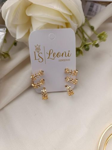 Brinco ouro trio ramos com zirconia